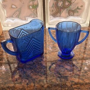 Vintage Blue Glass Creamer and Sugar Set